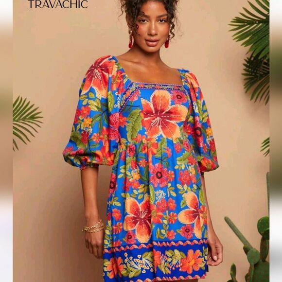 Floral Blue Dress with Red and Orange Accents - Picture 3 of 10